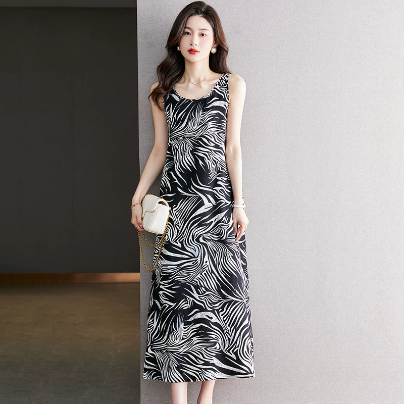 Striped Spaghetti Straps Vest Skirt Outwear Loose Temperament Silk