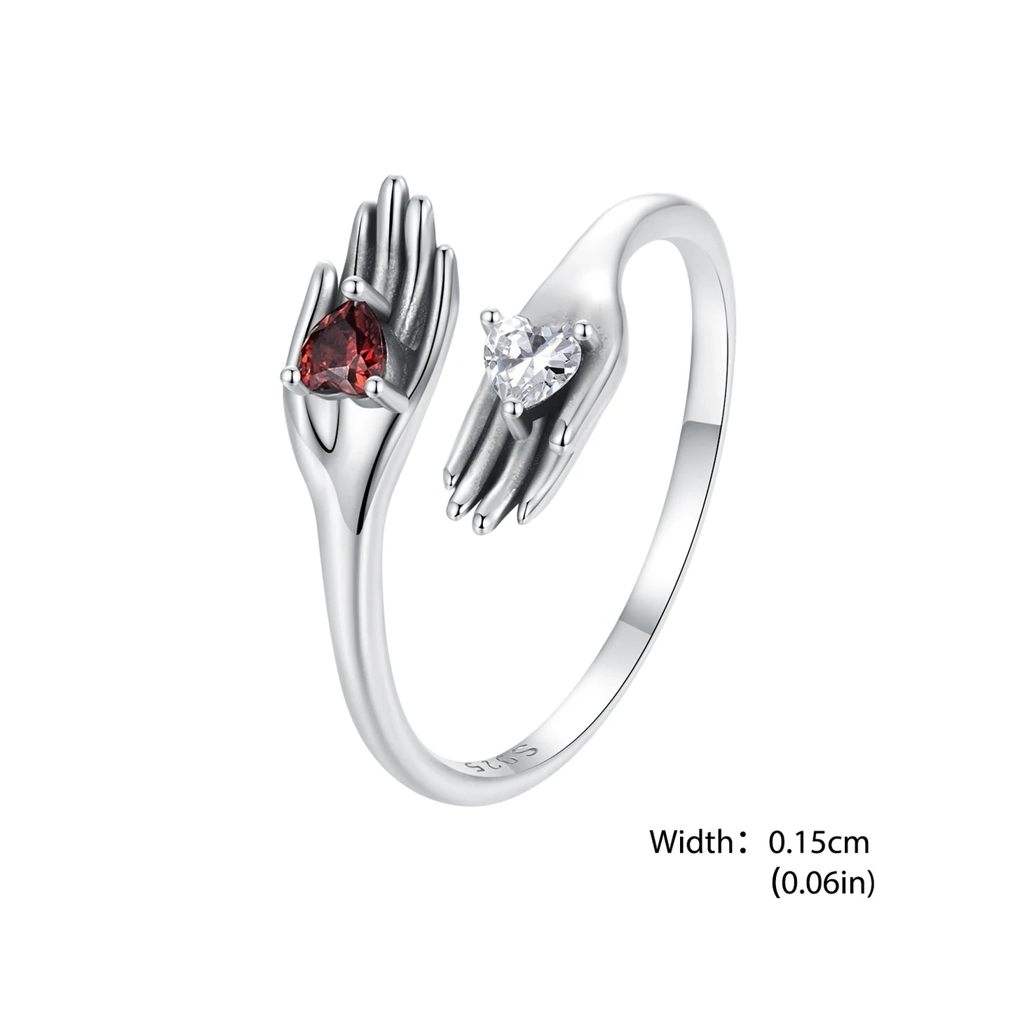 WOSTU 925 Sterling Silver Dark Skeleton Hand Open Ring Heart Zircon Adjustable Original For Women Guard Halloween Jewelry Gift