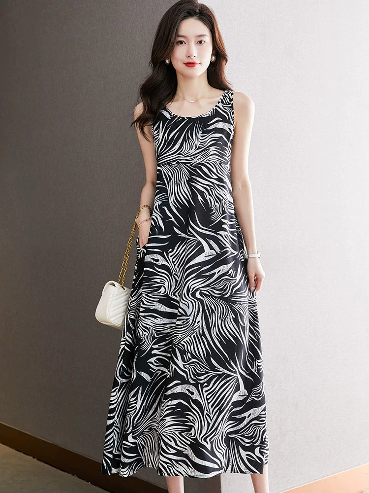 Striped Spaghetti Straps Vest Skirt Outwear Loose Temperament Silk