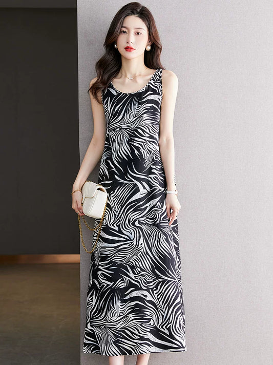 Striped Spaghetti Straps Vest Skirt Outwear Loose Temperament Silk