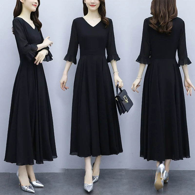 Black Summer Loose Slimming Long Chiffon Dress