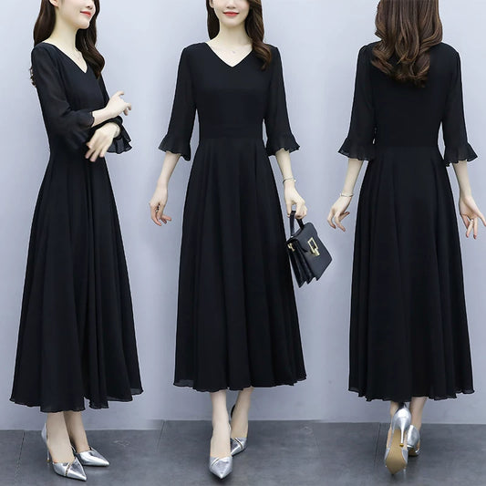 Black Summer Loose Slimming Long Chiffon Dress