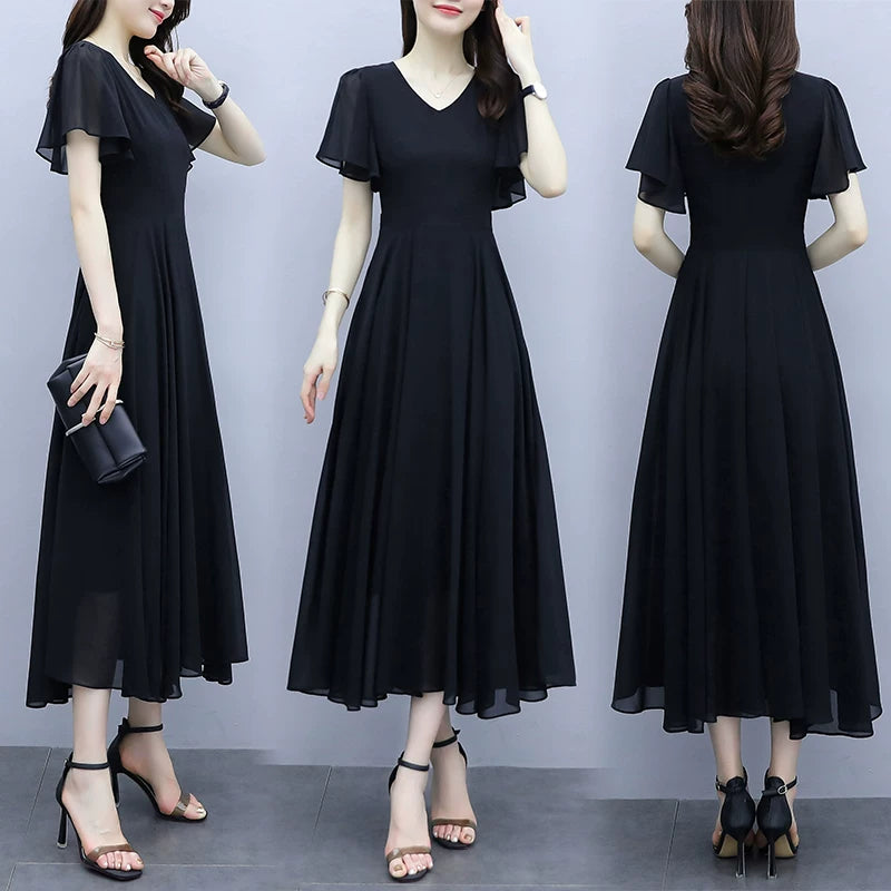 Black Summer Loose Slimming Long Chiffon Dress