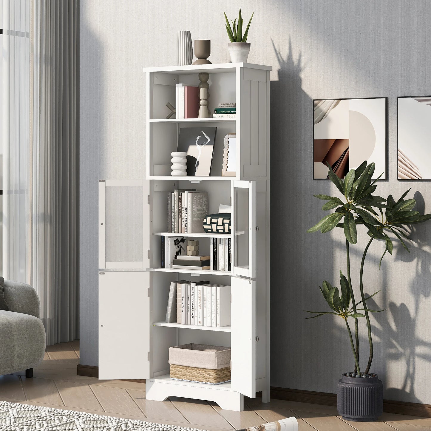 White Tall Storage Cabinet with Shelves and Doors for Bathroom, Kitchen and Living Room, MDF Board
