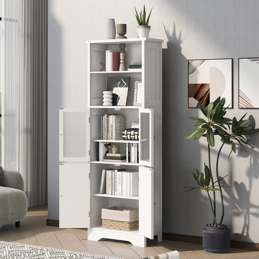 White Tall Storage Cabinet with Shelves and Doors for Bathroom, Kitchen and Living Room, MDF Board