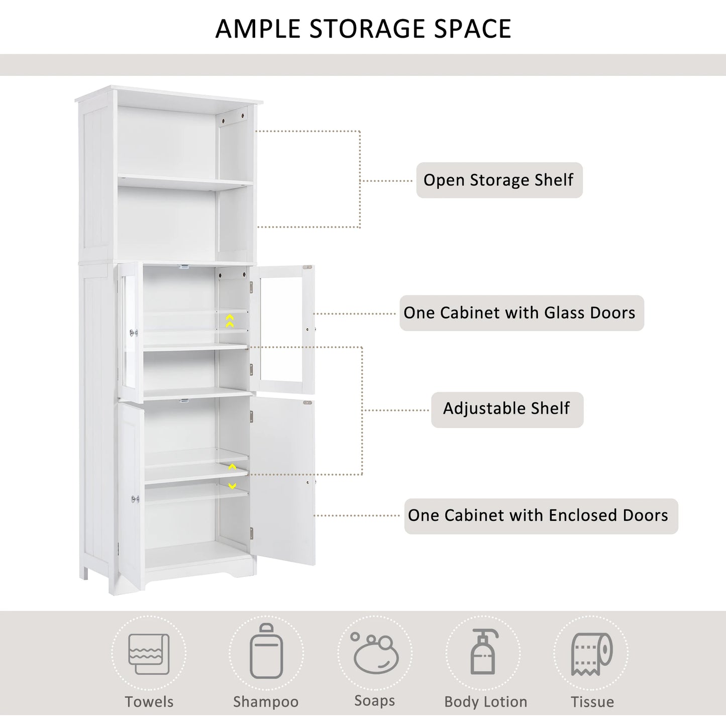 White Tall Storage Cabinet with Shelves and Doors for Bathroom, Kitchen and Living Room, MDF Board