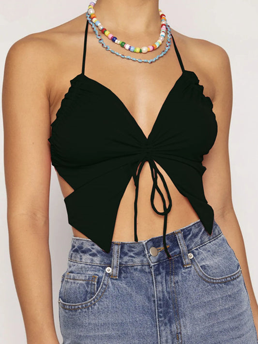 Women Summer Top Butterfly Design Sexy Wrapped Chest Vest Tie Back Spaghetti Strap Camisole Crossover Ruched Slim Fit Camisole B