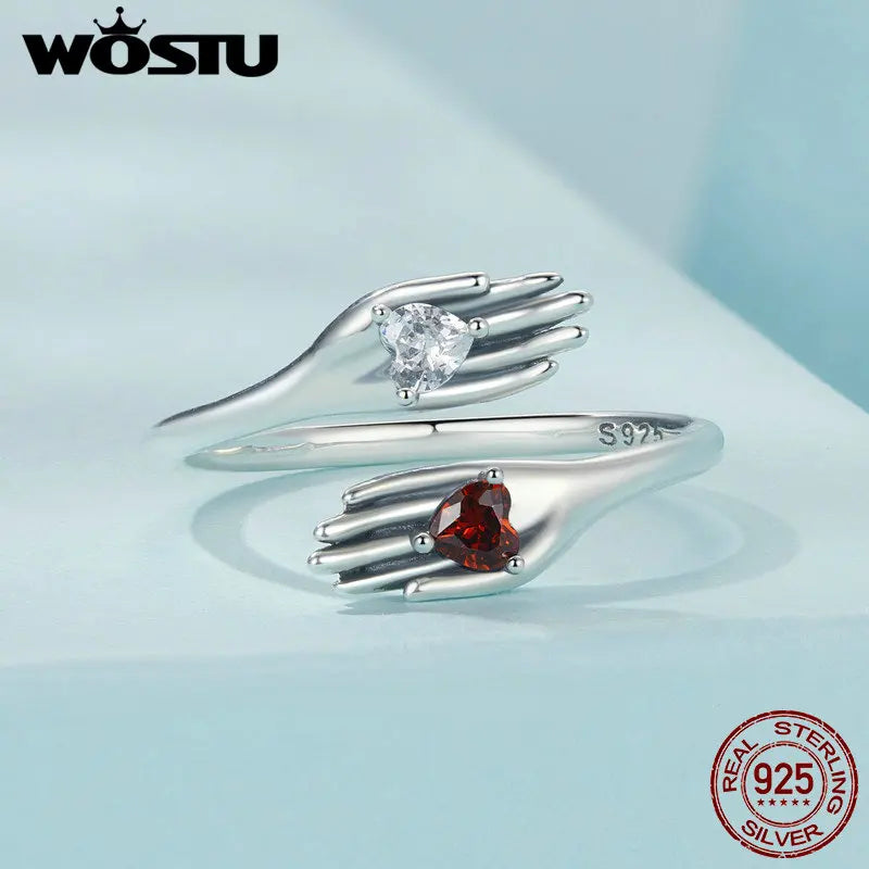 WOSTU 925 Sterling Silver Dark Skeleton Hand Open Ring Heart Zircon Adjustable Original For Women Guard Halloween Jewelry Gift