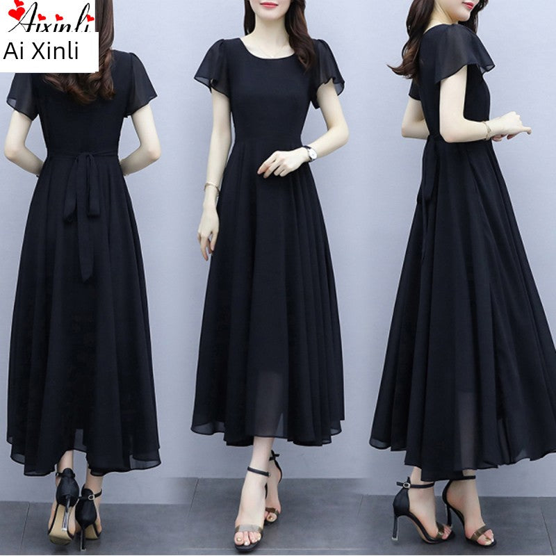 Black Summer Loose Slimming Long Chiffon Dress