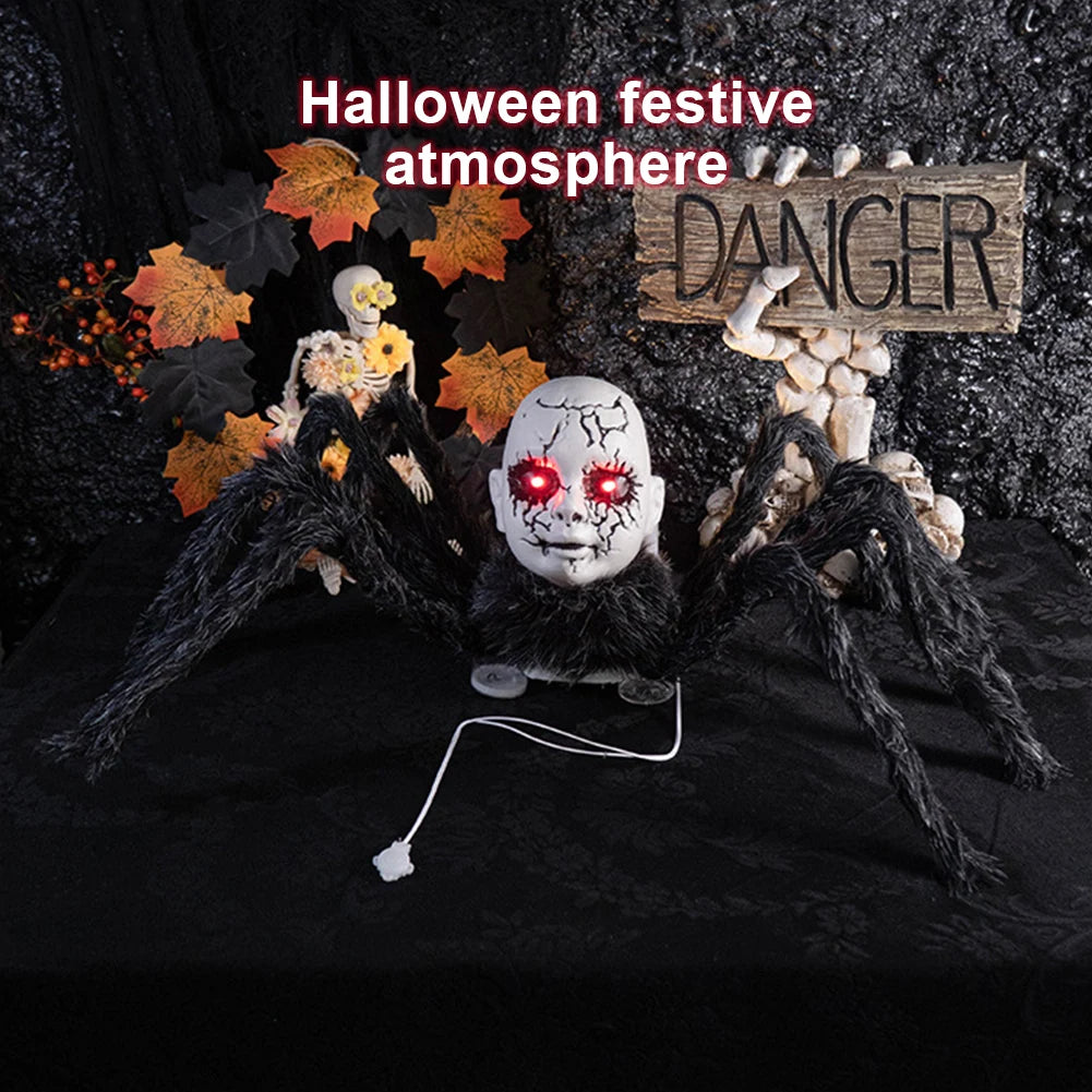 Halloween Animatronic  Face Spider Sound Activated Scary Walking Spider Haunted House Prop Halloween Party Porch Decoration