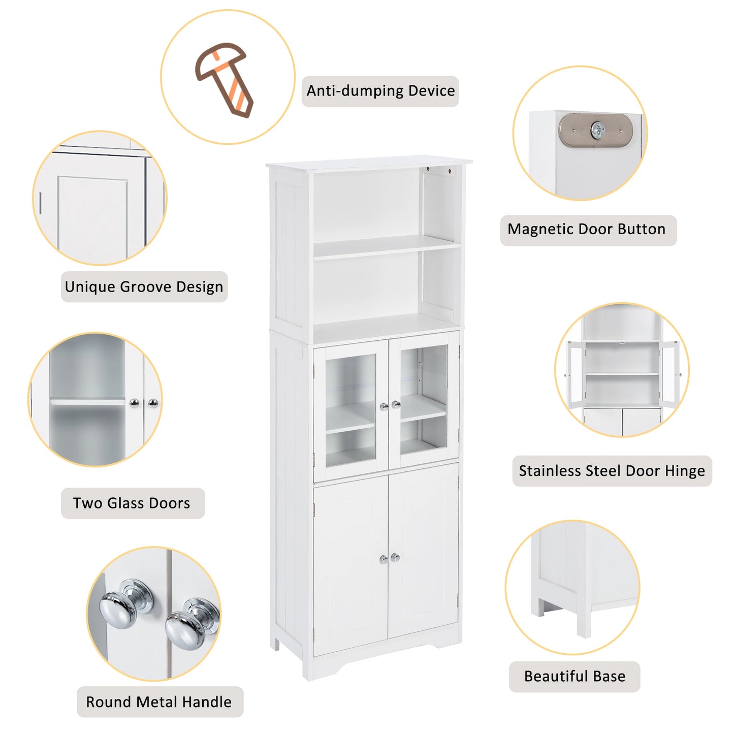 White Tall Storage Cabinet with Shelves and Doors for Bathroom, Kitchen and Living Room, MDF Board